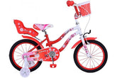 Red and white 16 inch Lovely Kinderfiets for girls with hand and back pedal brake, closed chain guard, adjustable seat and handlebars, and removable training wheels, available at Fitmarktnl